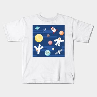 Space background with astronauts, planets and spacecrafts Kids T-Shirt